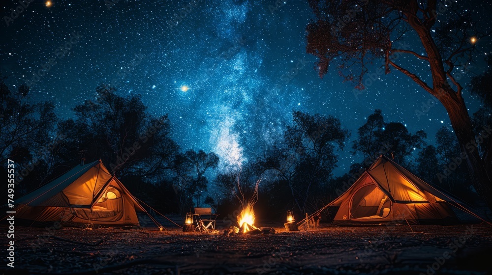 Camping under the Stars: A cozy campsite under a starry night sky, with a crackling campfire and silhouetted tents, conveying the joy of outdoor camping - obrazy, fototapety, plakaty 