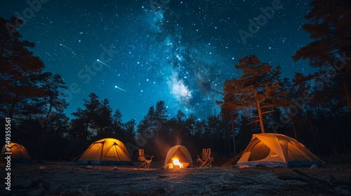 Camping under the Stars: A cozy campsite under a starry night sky, with a crackling campfire and silhouetted tents, conveying the joy of outdoor camping