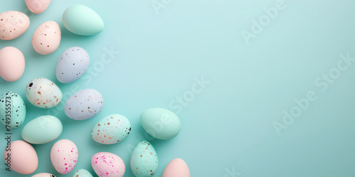 Flat lay with colorful Easter eggs on mint background. Holiday concept. Background image for greeting card, spring postcard, banner, flyer, advertising