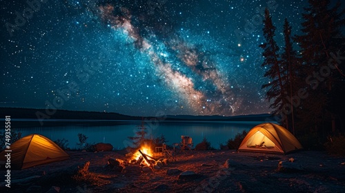 Camping under the Stars: A cozy campsite under a starry night sky, with a crackling campfire and silhouetted tents, conveying the joy of outdoor camping photo