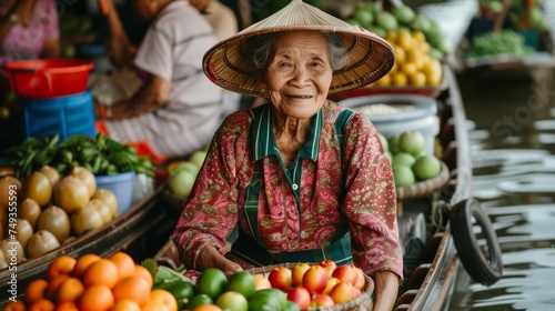 Portrait of old woman selling products at  the famous floating market, farmer selling organic food, fruits, vegetables on water river © Sunny