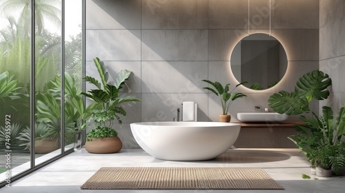 Interior of spacious minimalist bathroom in modern luxury villa. Grey large format tiles, freestanding bathtub, hanging tabletop with surface-mounted sink, panoramic glazing with tropical garden view.