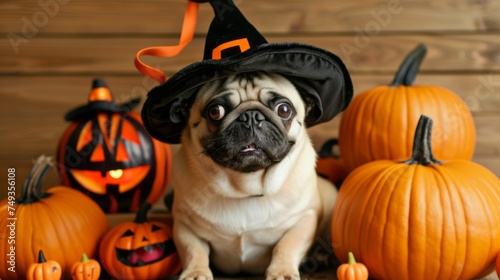 Cute dog in a Halloween costume and hat among ripe pumpkins, party concept for Halloween © Sunny