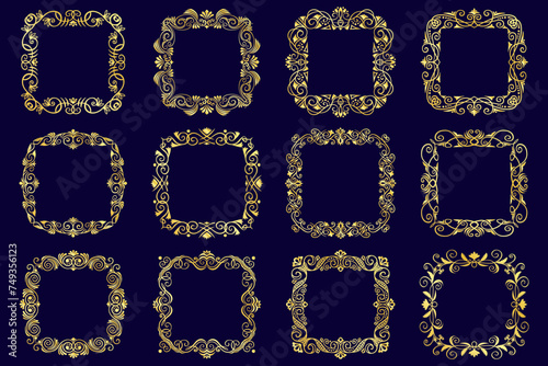 Abstract golden vintage frames set. Collection of shining elegant and luxury golden borders.