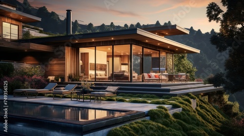 modern and sleek Mid-Century Modern house against a backdrop of rolling hills, blending style with nature © Tina