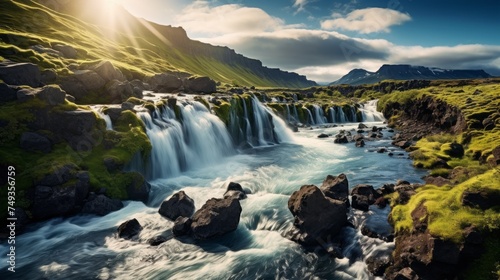 A Picturesque Landscape, A View of a Beautiful Waterfall, A River in the sunlight at Sunset. Horizontal Banner, Travel, Tourism, Nature Background. © liliyabatyrova