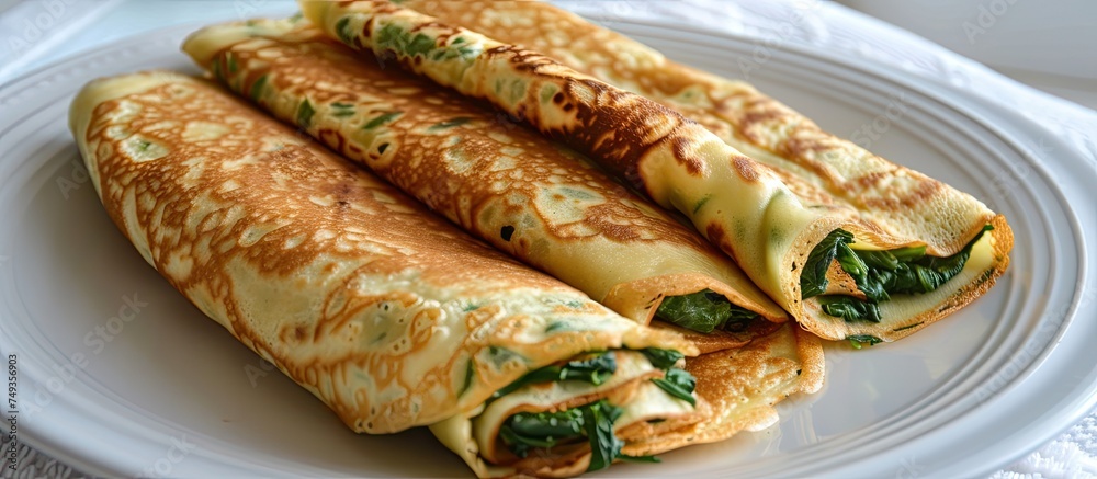 A white plate holds three crepes filled with cheese and spinach, creating a savory and satisfying meal. The crepes are topped with melted cheese, enhancing the flavors of the spinach filling. A white plate holds three crepes filled with cheese and spinach, creating a savory and satisfying meal. The crepes are topped with melted cheese, enhancing the flavors of the spinach filling.