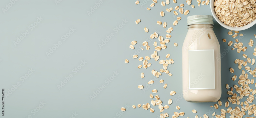 Close up bottle of oatmeal milk with a Close up bottle of oatmeal milk with a