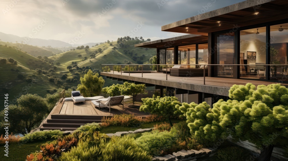 modern and sleek Mid-Century Modern house against a backdrop of rolling hills, blending style with nature