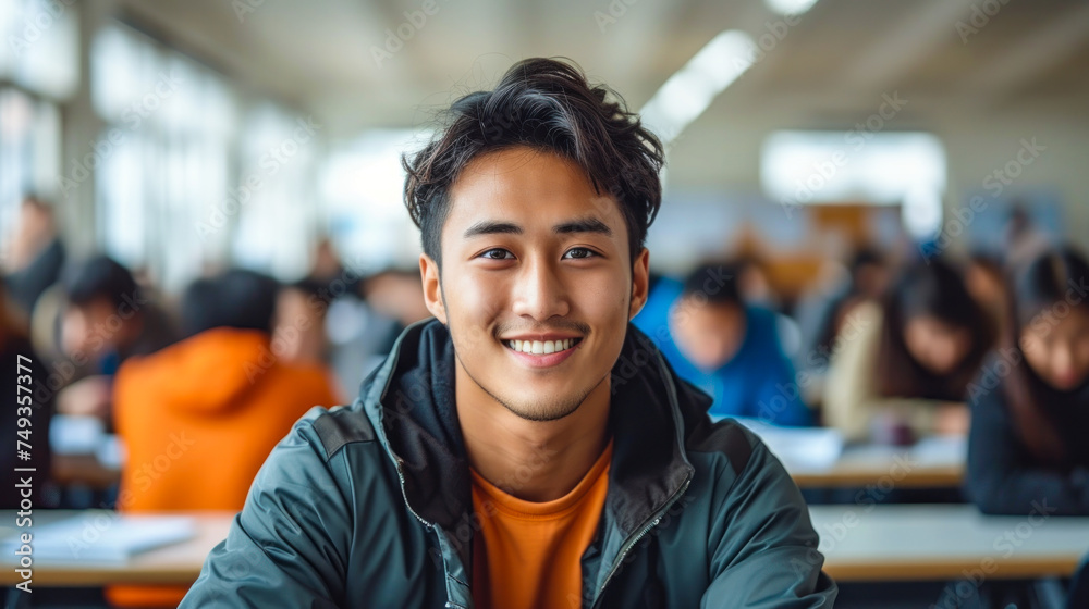 Cheerful young Asian male student smiling at the camera with a classroom full of fellow students studying in the background, embodying academic success and happiness
