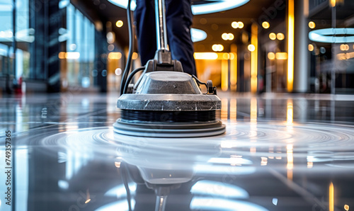 Professional janitorial staff using an industrial floor buffer machine for cleaning and polishing the hallway of a modern corporate or commercial building photo