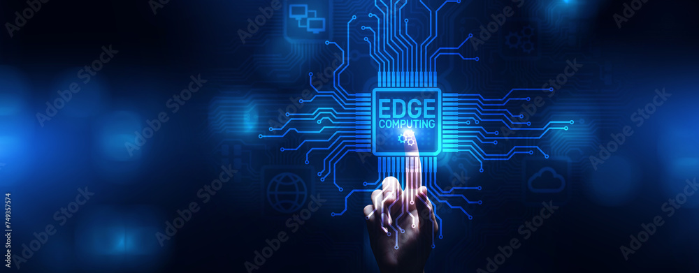 Edge computing networking internet technology concept on screen interface. - obrazy, fototapety, plakaty 