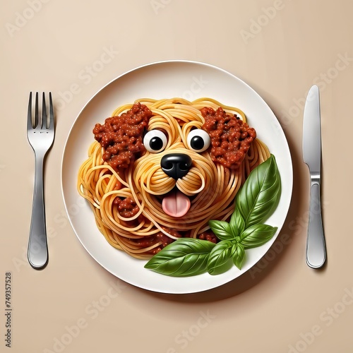 I love spaghetti and my pet! Series of noodles shaped in pet faces with bolognese sauce and basil decoration | Perfect for restaurant menu and advertisment photo