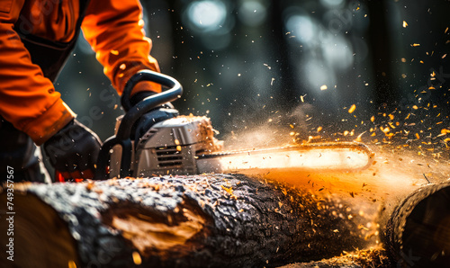 Skilled lumberjack using a chainsaw to cut a log, sawdust flying around as the powerful tool slices through the wood in a forested area
