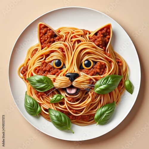 I love spaghetti and my pet! Series of noodles shaped in pet faces with bolognese sauce and basil decoration | Perfect for restaurant menu and advertisment photo