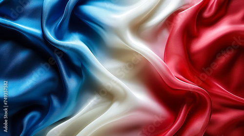 Elegant blue, white, and red silk fabrics intertwined, symbolizing the French tricolor flag, representing freedom, equality, and fraternity in a soft, flowing texture