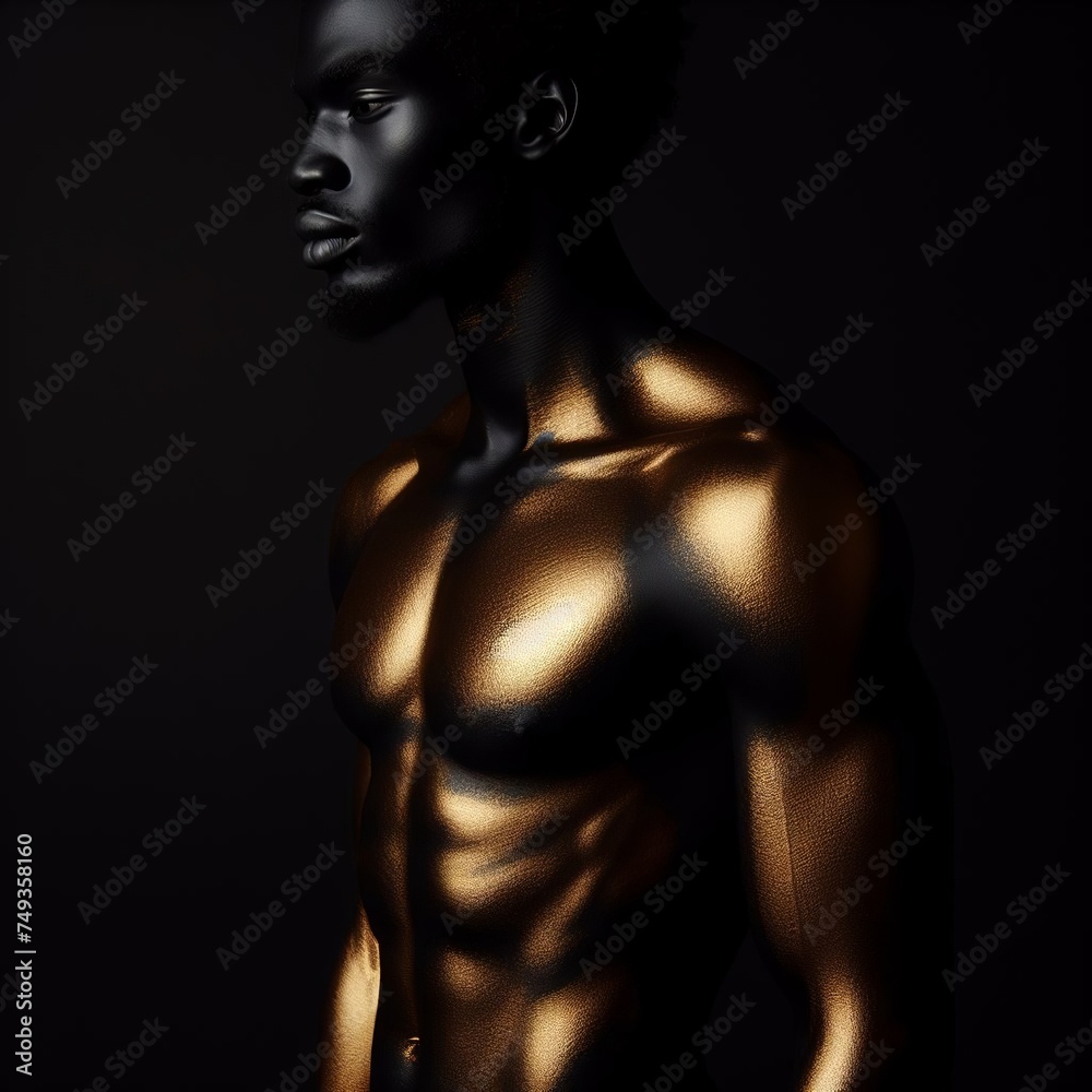 Naklejka premium Beautiful muscular african american man with golden bodyart on dark background