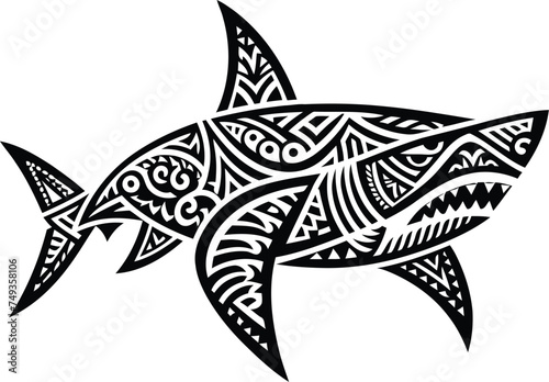 shark, fish animal silhouette in ethnic tribal tattoo,
