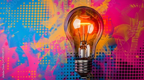 Light bulb on colorful background in pop art style. Think differently, creative idea concept. Banner for business idea. 