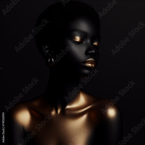 Beautiful black woman with golden make-up on dark background. photo