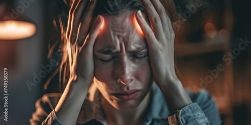 Woman with a severe headache or migraine.