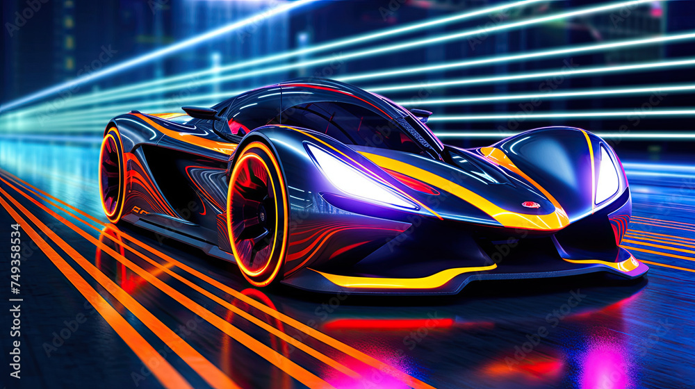 an glowing, futuristic, enchanting, sports car racing in the street, glowing lights, showing the futuristic world of sports car racing 