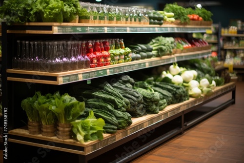 Fresh and clean healthy fruits and vegetables on the shelf in the supermarket