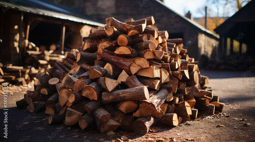 a large pile of wood sitting next to a building сreated with Generative Ai