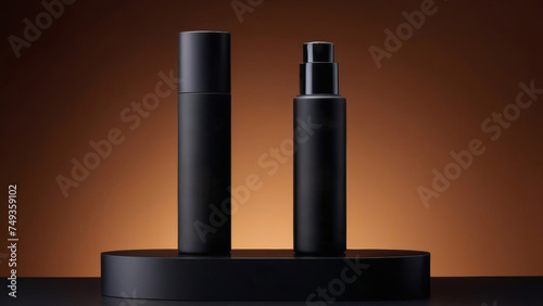 Black skin care products on a dark round podium stand with copy space and place for text, mockup, template, on a black to gray gradient background