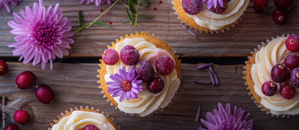 Rustic style cupcakes topped with white frosting and fresh raspberries displayed on a wooden table.