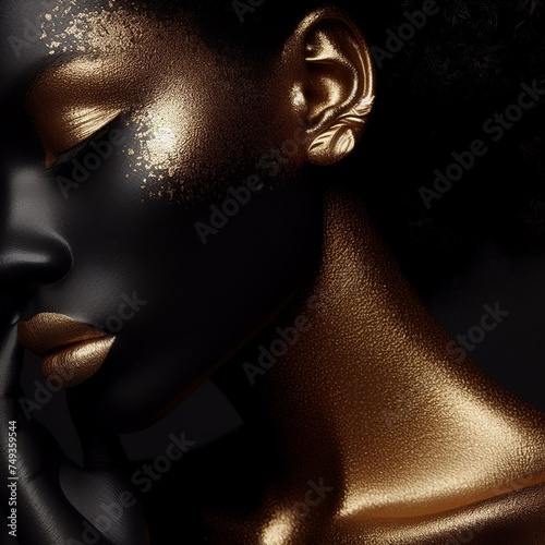 Beautiful black woman with golden makeup on dark background.   photo