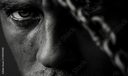 Black & white, a closeup of a male prisoner face in chain. Slavery concept. The victim was chained in captivity.