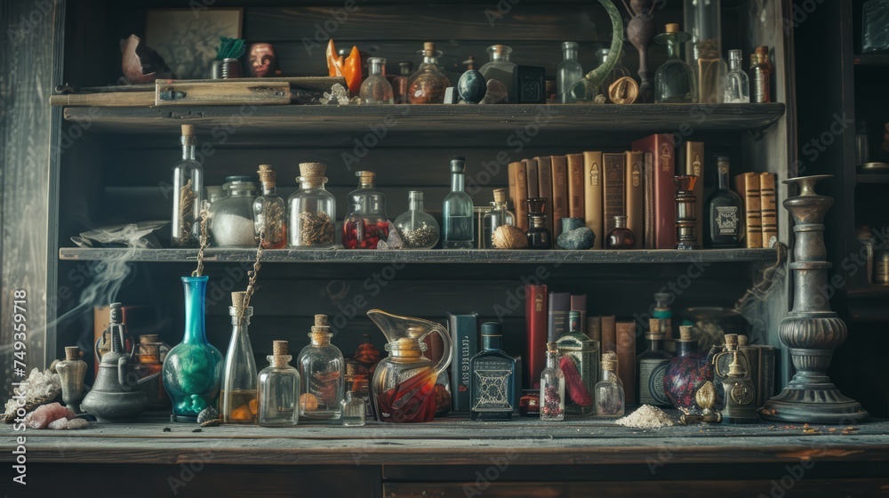 Illustration of occult magic magazine and shelf with various potions, bottles, poisons, crystals, salt. Alchemical medicine concept
Illustration of occult magic magazine and shelf with various potions, bottles, poisons, crystals, salt. Alchemical medicine concept