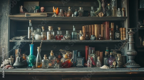 Illustration of occult magic magazine and shelf with various potions, bottles, poisons, crystals, salt. Alchemical medicine concept 