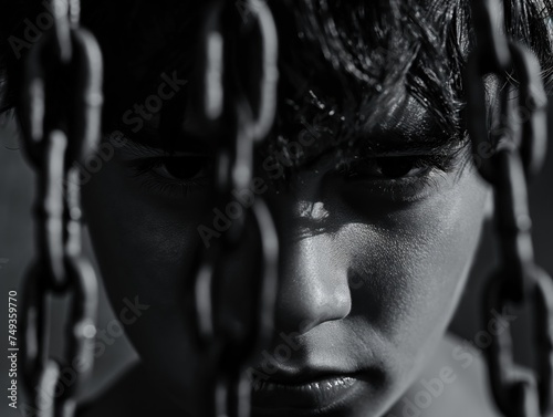 closeup of a boy prisoner face in chain. Slavery concept. Victim chained in captivity. Child trafficking in the style of black and white high contrast, depth of feel