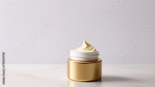 A golden jar with a white creamy substance stands against a purple gradient background, placed on a marble surface with natural light