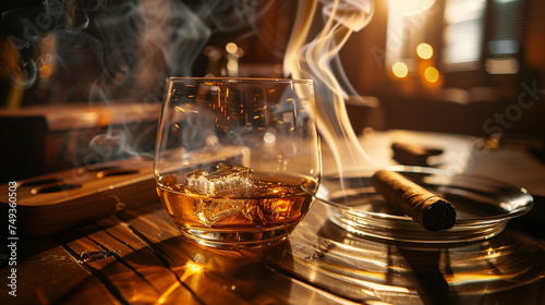 Brandy or whiskey in clear glass with ice cubes. Alcoholic beverages are placed on wooden coasters. Bar drink concept Cigarettes or cigars placed in the ashtray. 3D rendering. Generative AI photo
