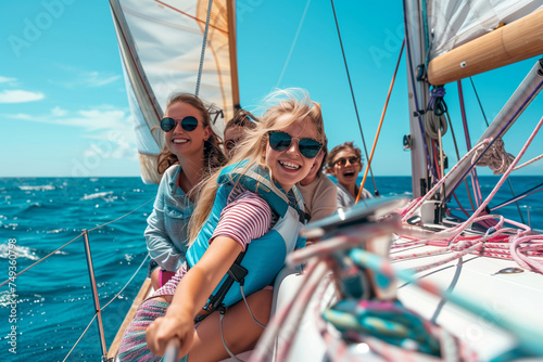 A young girl making a selfie photo with a group of friends on a sailing boat. Happy fun summer moments. © Santijago