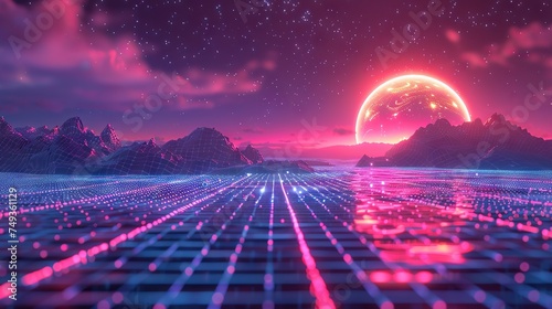 1980s Virtual Frontier with Neon Grid Landscape