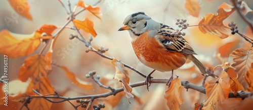A majestic brambling bird with vibrant plumage sits perched on a tree branch in a winter forest setting. The bird is calmly observing its surroundings, blending in beautifully with the wintery leaf © 2rogan