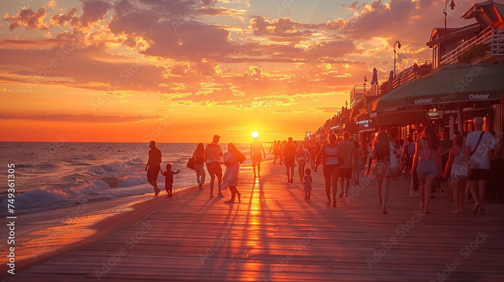 Lively Boardwalk Beach Sunset Scene

