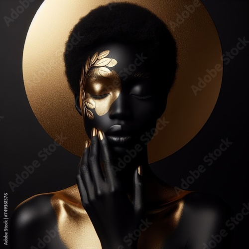 Portrait of a beautiful black woman with golden make-up.  photo