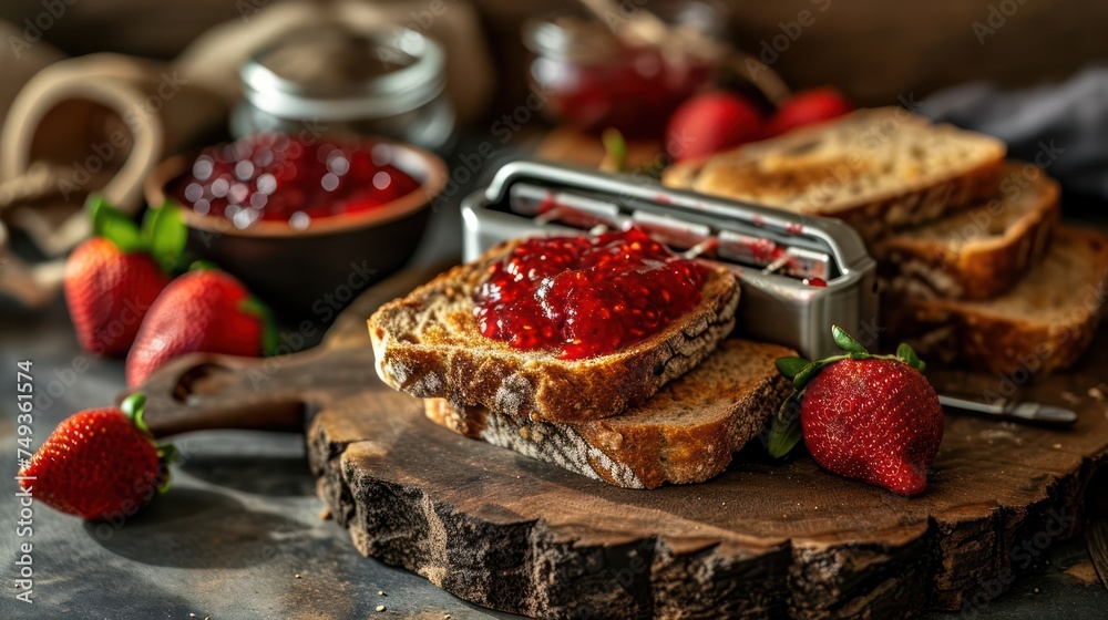 rustic breakfast setting with a toaster working its magic on whole wheat bread, complemented by a spread of homemade strawberry jam