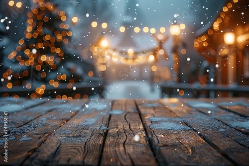 Festive Holiday Product Display on Wood with Snowy Background