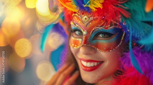 Close up happy young woman in a carnival bright colored mask with feathers participates in a parade at the carnival with copyspace for text