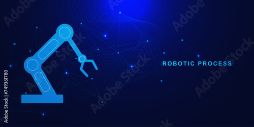 Smart technology manufacturing process with futuristic robotic arm. Industry 4.0 concept. Robotic production line on smart factory on dark blue background.