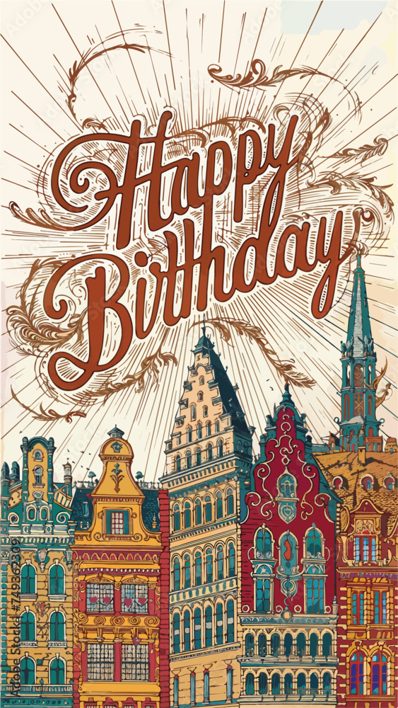 Happy Birthday Card with Historic European Architecture