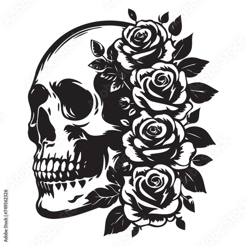 Skull with rose flowers, black silhouette on a transparent background, vector drawing of a skeleton head for stencil, print

