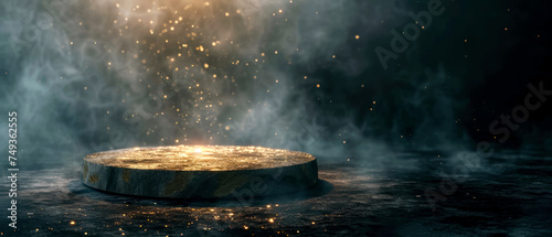 Stone platform, podium with gold shimmer texture, smoke, steam, lights, sparkles on dark background. Mock up with lights effect. Generative AI	 photo