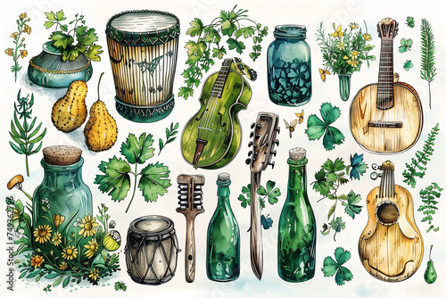 A detailed drawing showcasing a variety of musical instruments associated with Irish music for St. Patricks Day celebration, pattern photo